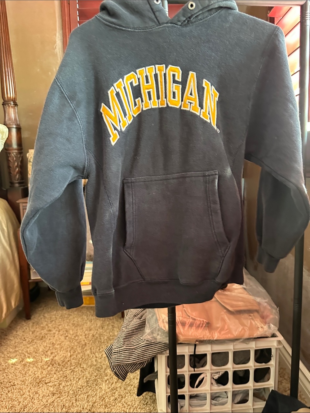 Kids Champion Navy Hoodie with Yellow Michigan Arch